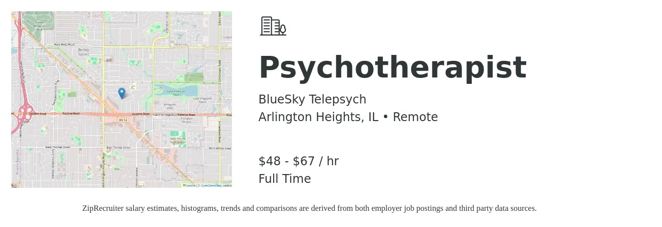 BlueSky Telepsych job posting for a Psychotherapist in Arlington Heights, IL with a salary of $50 to $70 Hourly with a map of Arlington Heights location.