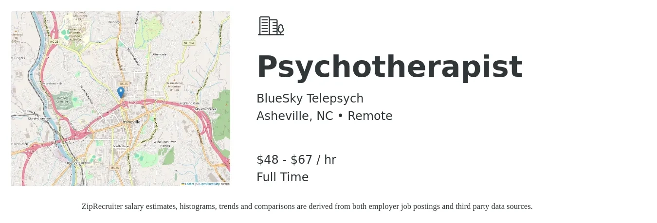 BlueSky Telepsych job posting for a Psychotherapist in Asheville, NC with a salary of $50 to $70 Hourly with a map of Asheville location.