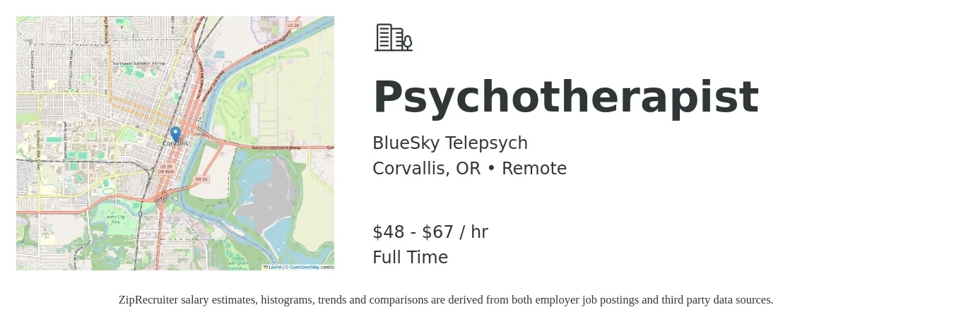 BlueSky Telepsych job posting for a Psychotherapist in Corvallis, OR with a salary of $50 to $70 Hourly with a map of Corvallis location.