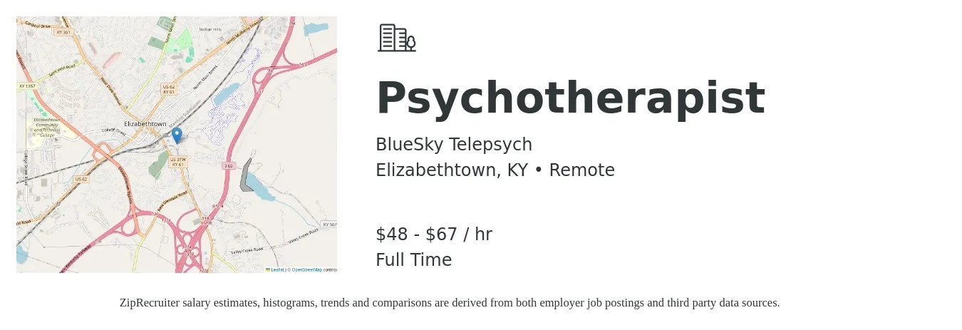 BlueSky Telepsych job posting for a Psychotherapist in Elizabethtown, KY with a salary of $50 to $70 Hourly with a map of Elizabethtown location.