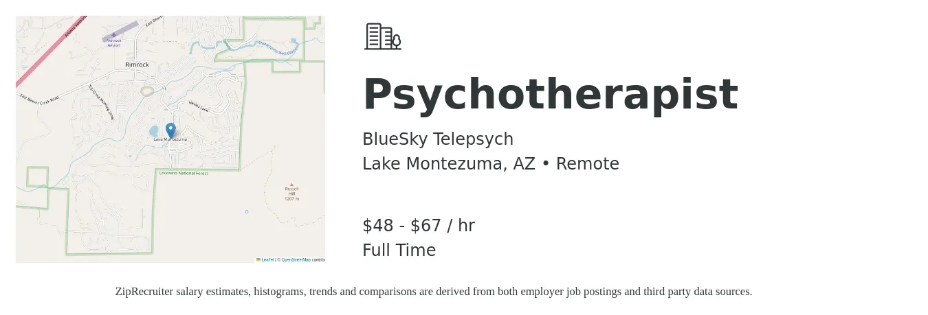 BlueSky Telepsych job posting for a Psychotherapist in Lake Montezuma, AZ with a salary of $50 to $70 Hourly with a map of Lake Montezuma location.