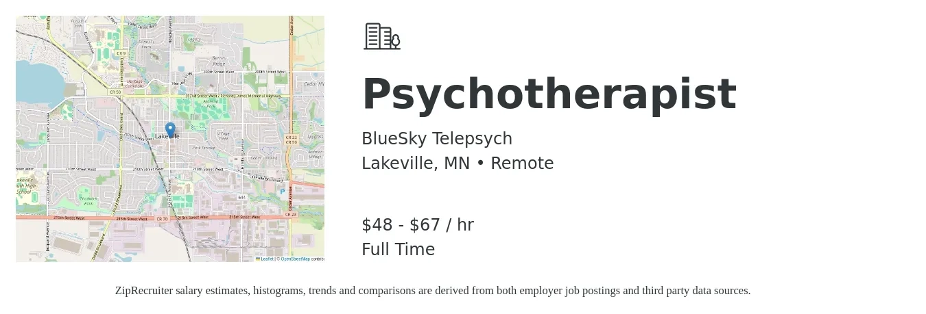 BlueSky Telepsych job posting for a Psychotherapist in Lakeville, MN with a salary of $50 to $70 Hourly with a map of Lakeville location.