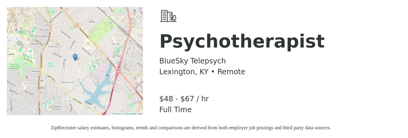 BlueSky Telepsych job posting for a Psychotherapist in Lexington, KY with a salary of $50 to $70 Hourly with a map of Lexington location.