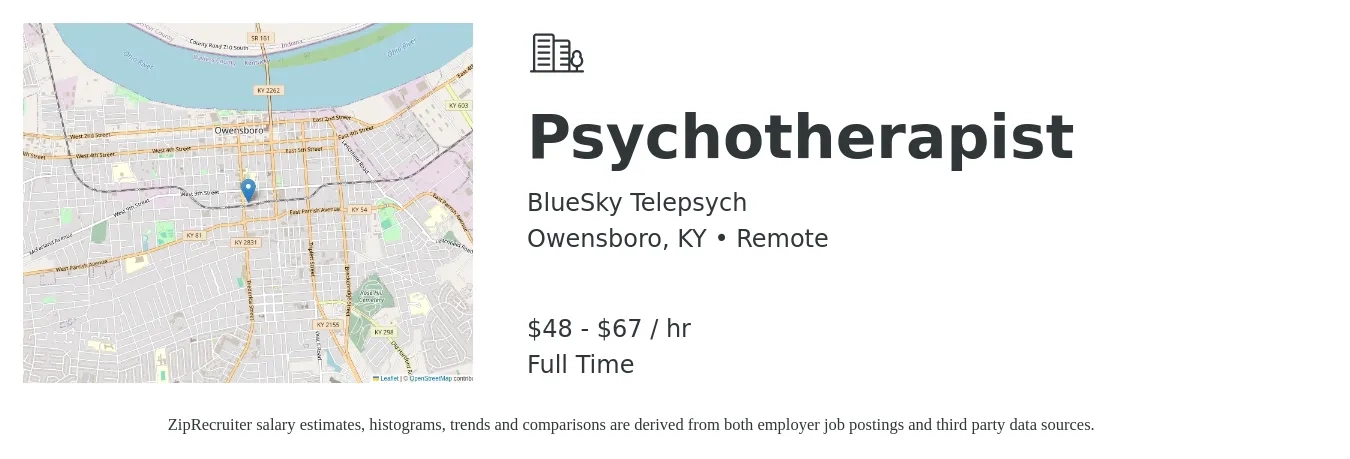 BlueSky Telepsych job posting for a Psychotherapist in Owensboro, KY with a salary of $50 to $70 Hourly with a map of Owensboro location.