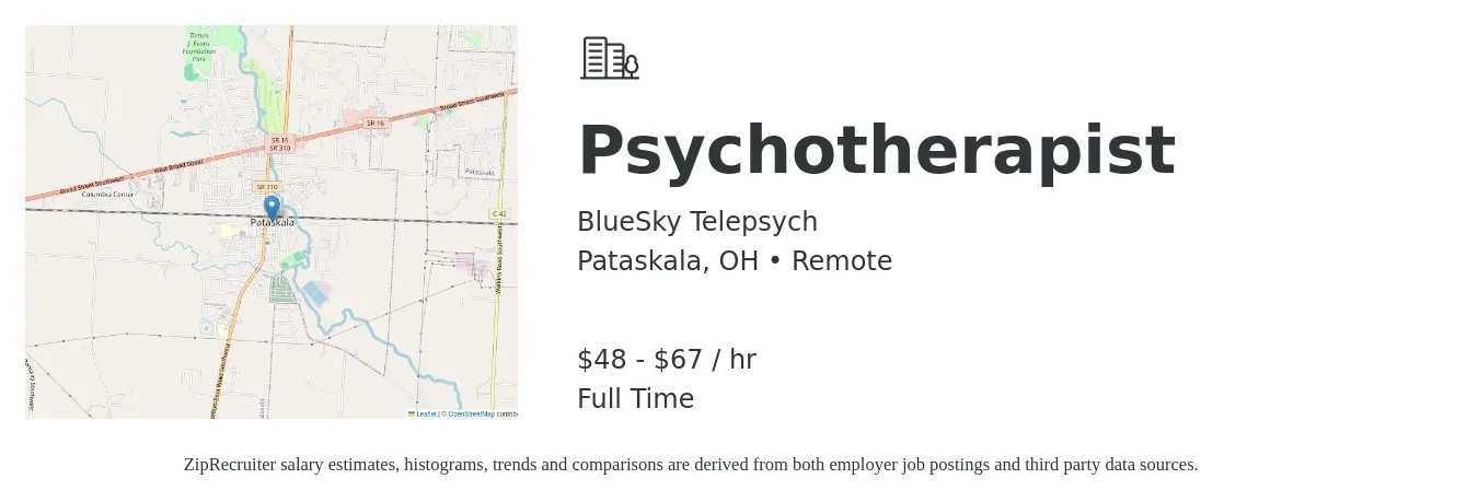 BlueSky Telepsych job posting for a Psychotherapist in Pataskala, OH with a salary of $50 to $70 Hourly with a map of Pataskala location.