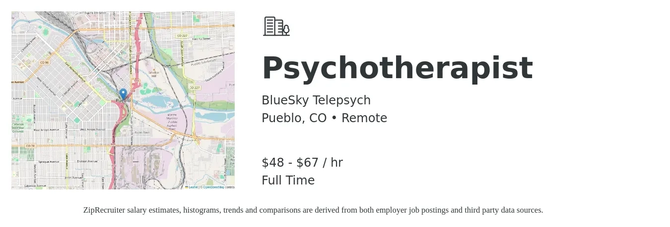 BlueSky Telepsych job posting for a Psychotherapist in Pueblo, CO with a salary of $50 to $70 Hourly with a map of Pueblo location.