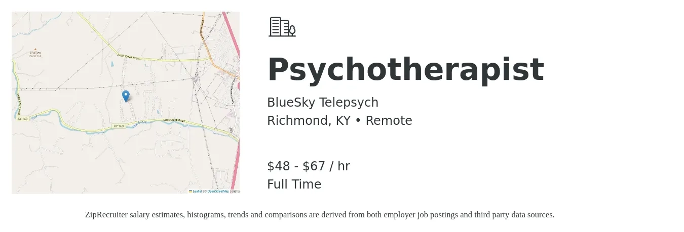 BlueSky Telepsych job posting for a Psychotherapist in Richmond, KY with a salary of $50 to $70 Hourly with a map of Richmond location.