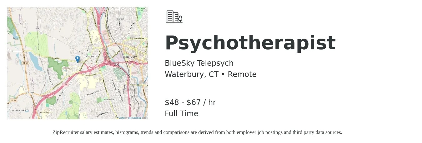 BlueSky Telepsych job posting for a Psychotherapist in Waterbury, CT with a salary of $50 to $70 Hourly with a map of Waterbury location.