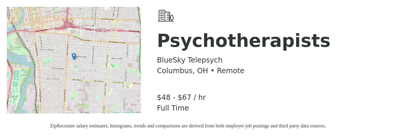 BlueSky Telepsych job posting for a Psychotherapists in Columbus, OH with a salary of $50 to $70 Hourly with a map of Columbus location.
