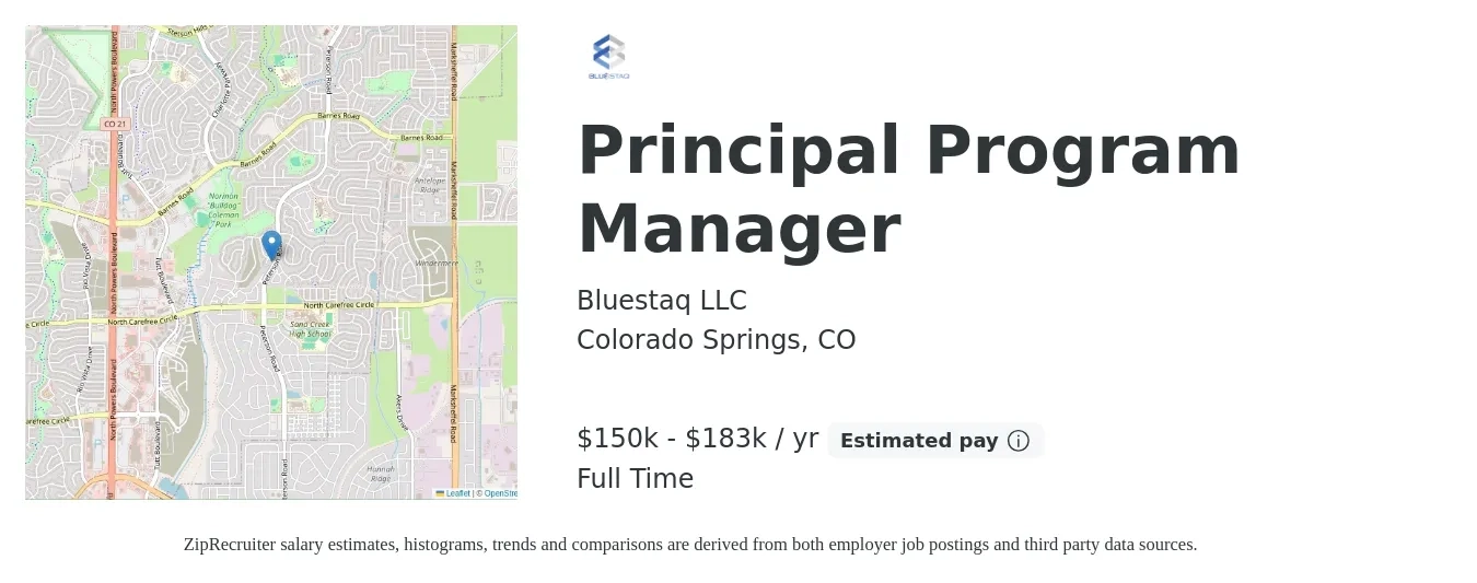 Bluestaq LLC job posting for a Principal Program Manager in Colorado Springs, CO with a salary of $150,000 to $183,406 Yearly with a map of Colorado Springs location.