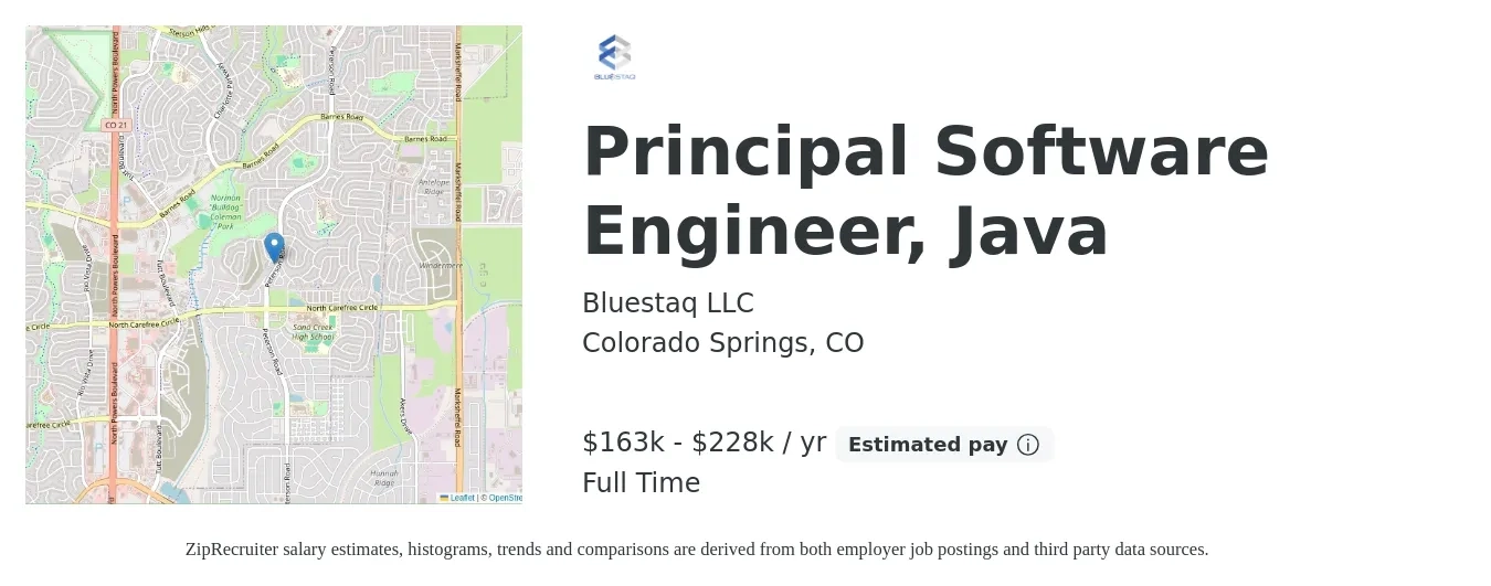 Bluestaq LLC job posting for a Principal Software Engineer, Java in Colorado Springs, CO with a salary of $163,000 to $228,000 Yearly with a map of Colorado Springs location.