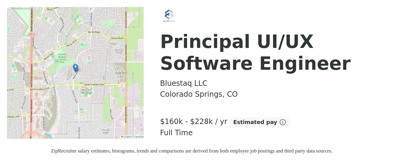 Bluestaq LLC job posting for a Principal UI/UX Software Engineer in Colorado Springs, CO with a salary of $160,000 to $228,000 Yearly with a map of Colorado Springs location.