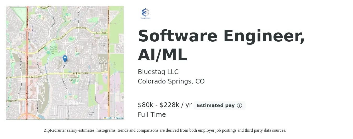 Bluestaq LLC job posting for a Software Engineer, AI/ML in Colorado Springs, CO with a salary of $80,000 to $228,000 Yearly with a map of Colorado Springs location.