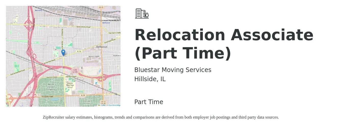 Bluestar Moving Services job posting for a Relocation Associate (Part Time) in Hillside, IL with a salary of $16 to $21 Hourly with a map of Hillside location.