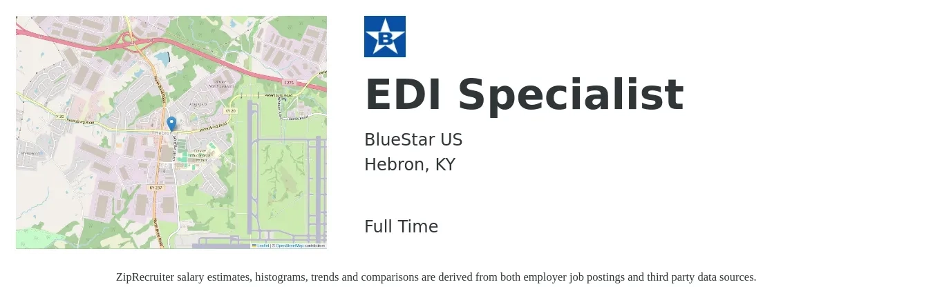 BlueStar US job posting for a EDI Specialist in Hebron, KY with a salary of $60,700 to $85,300 Yearly with a map of Hebron location.
