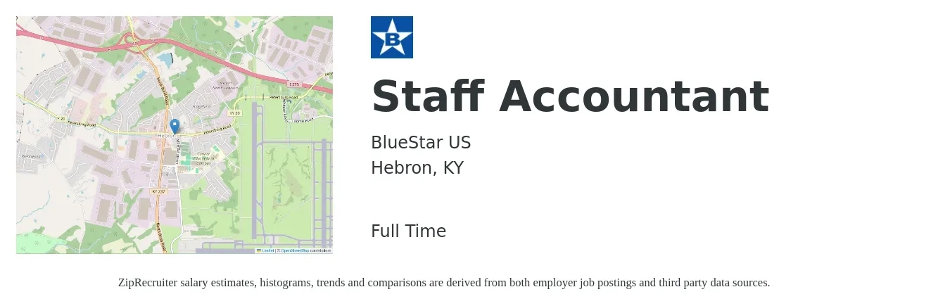 BlueStar US job posting for a Staff Accountant in Hebron, KY with a salary of $53,000 to $69,900 Yearly with a map of Hebron location.