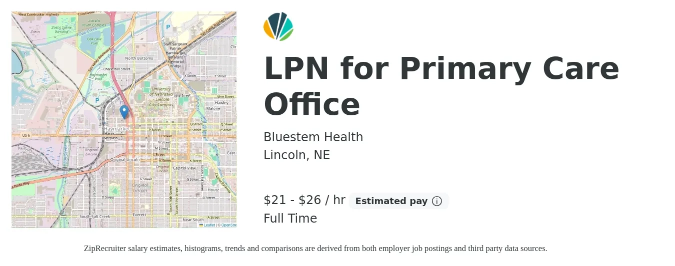 Bluestem Health job posting for a LPN for Primary Care Office in Lincoln, NE with a salary of $22 to $28 Hourly with a map of Lincoln location.