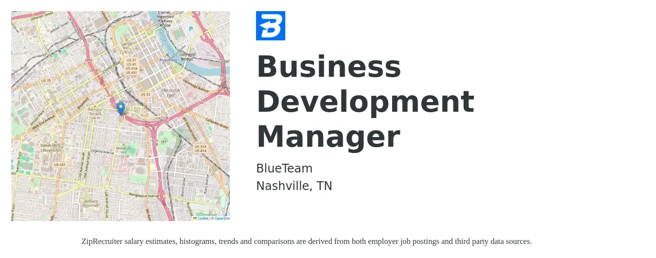 BlueTeam job posting for a Business Development Manager in Nashville, TN with a salary of $55,400 to $90,800 Yearly with a map of Nashville location.