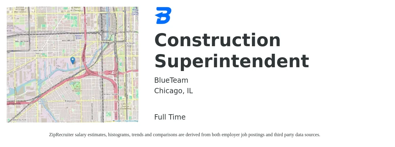 BlueTeam job posting for a Construction Superintendent in Chicago, IL with a salary of $73,200 to $119,100 Yearly with a map of Chicago location.