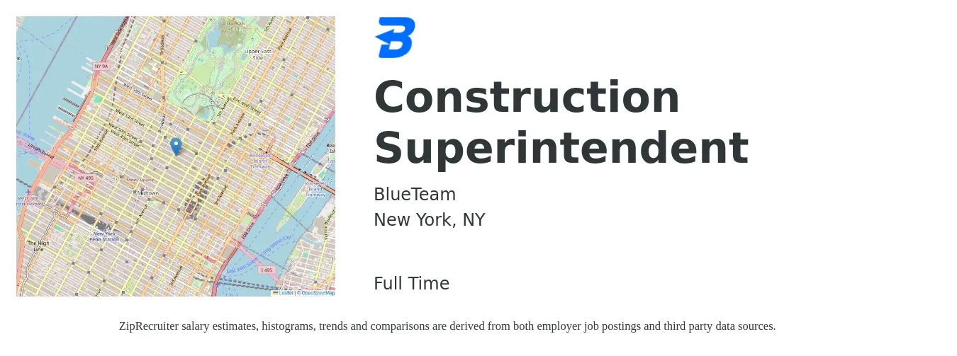 BlueTeam job posting for a Construction Superintendent in New York, NY with a salary of $70,900 to $115,300 Yearly with a map of New York location.