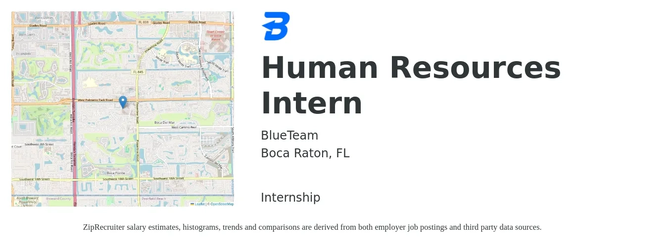 BlueTeam job posting for a Human Resources Intern in Boca Raton, FL with a salary of $14 to $18 Hourly with a map of Boca Raton location.