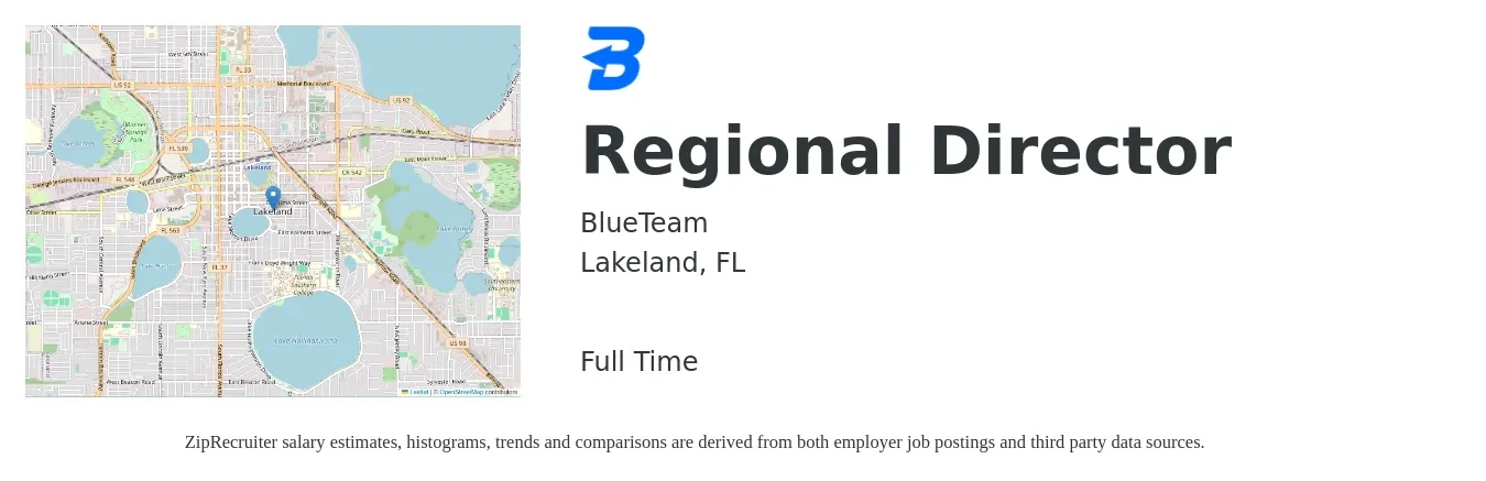 BlueTeam job posting for a Regional Director in Lakeland, FL with a salary of $62,200 to $105,100 Yearly with a map of Lakeland location.