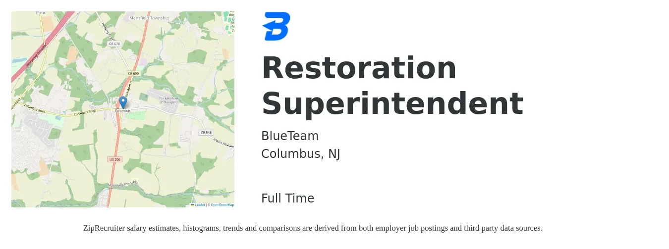 BlueTeam job posting for a Restoration Superintendent in Columbus, NJ with a salary of $69,700 to $113,400 Yearly with a map of Columbus location.