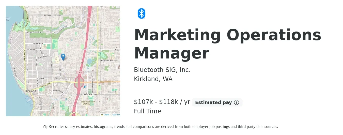 Bluetooth SIG, Inc. job posting for a Marketing Operations Manager in Kirkland, WA with a salary of $107,000 to $118,000 Yearly with a map of Kirkland location.