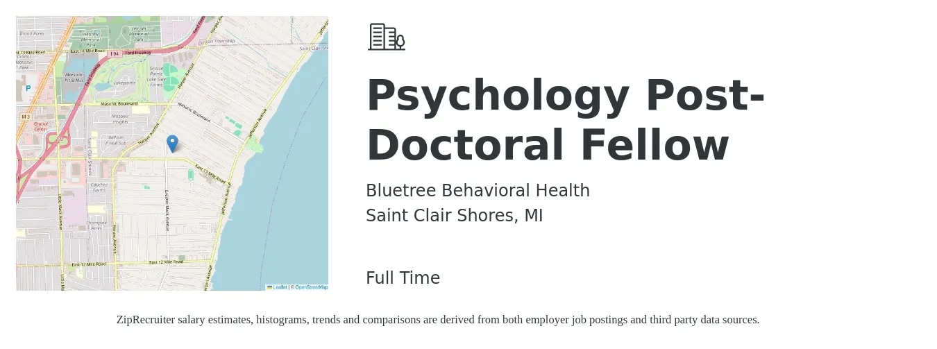 Bluetree Behavioral Health job posting for a Psychology Post-Doctoral Fellow in Saint Clair Shores, MI with a salary of $44,700 to $60,700 Yearly with a map of Saint Clair Shores location.