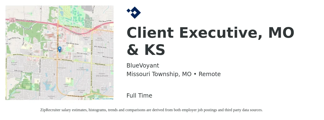 BlueVoyant job posting for a Client Executive, MO & KS in Missouri Township, MO with a salary of $72,800 to $99,000 Yearly with a map of Missouri Township location.