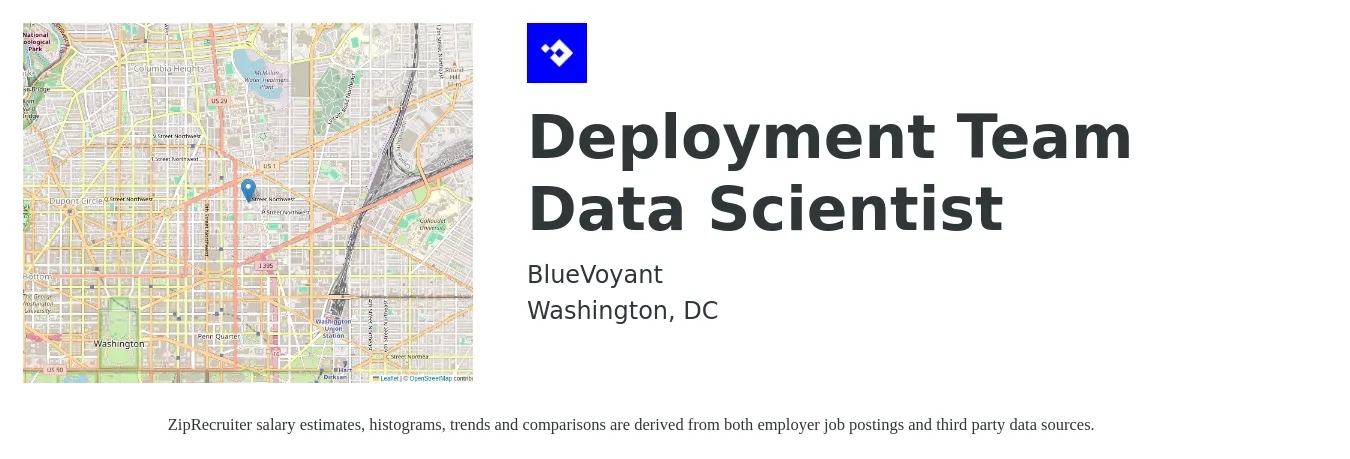 BlueVoyant job posting for a Deployment Team Data Scientist in Washington, DC with a salary of $111,100 to $153,500 Yearly with a map of Washington location.