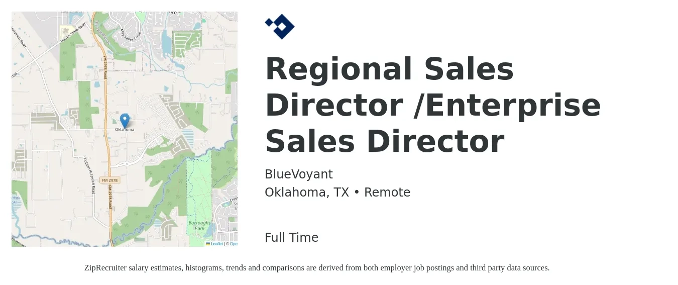BlueVoyant job posting for a Regional Sales Director /Enterprise Sales Director in Oklahoma, TX with a salary of $82,300 to $128,500 Yearly with a map of Oklahoma location.