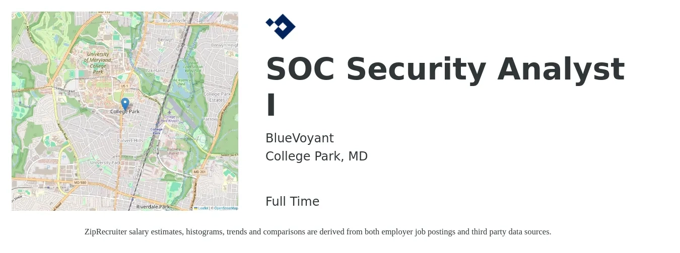 BlueVoyant job posting for a SOC Security Analyst I in College Park, MD with a salary of $90,400 to $128,500 Yearly with a map of College Park location.