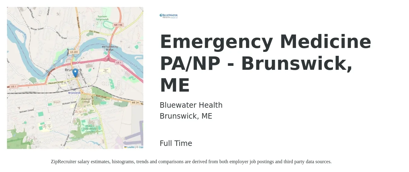 Bluewater Health job posting for a Emergency Medicine PA/NP - Brunswick, ME in Brunswick, ME with a salary of $62 to $204 Hourly with a map of Brunswick location.
