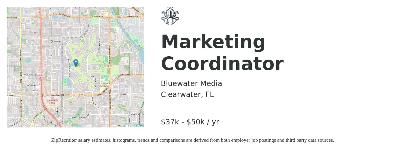 Bluewater Media job posting for a Marketing Coordinator in Clearwater, FL with a salary of $37,000 to $50,000 Yearly with a map of Clearwater location.