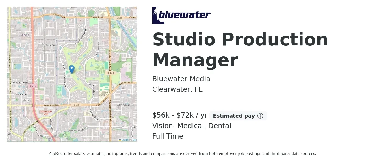 Bluewater Media job posting for a Studio Production Manager in Clearwater, FL with a salary of $56,000 to $72,000 Yearly and benefits including pto, retirement, vision, dental, life_insurance, and medical with a map of Clearwater location.