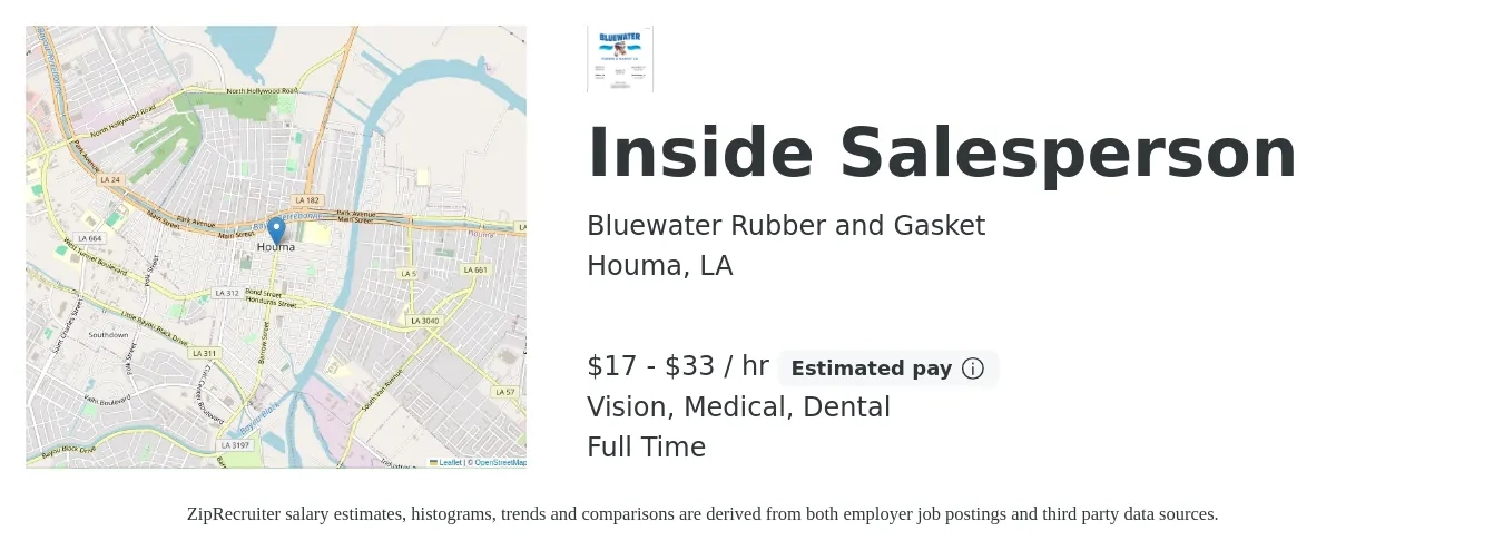 Bluewater Rubber and Gasket job posting for a Inside Salesperson in Houma, LA with a salary of $18 to $35 Hourly (plus commission) and benefits including vision, dental, life_insurance, medical, and retirement with a map of Houma location.