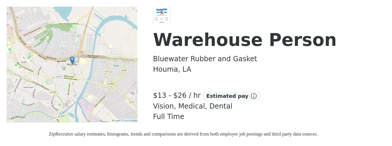 Bluewater Rubber and Gasket job posting for a Warehouse Person in Houma, LA with a salary of $14 to $28 Hourly and benefits including dental, life_insurance, medical, retirement, and vision with a map of Houma location.