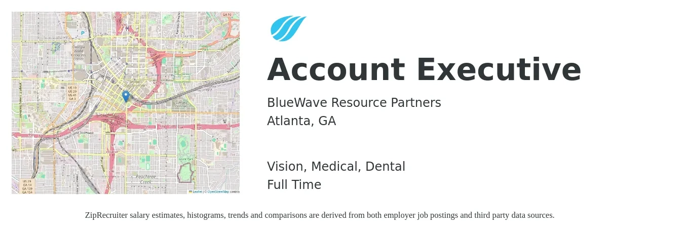 BlueWave Resource Partners job posting for a Account Executive in Atlanta, GA with a salary of $51,900 to $91,400 Yearly and benefits including dental, life_insurance, medical, pto, retirement, and vision with a map of Atlanta location.