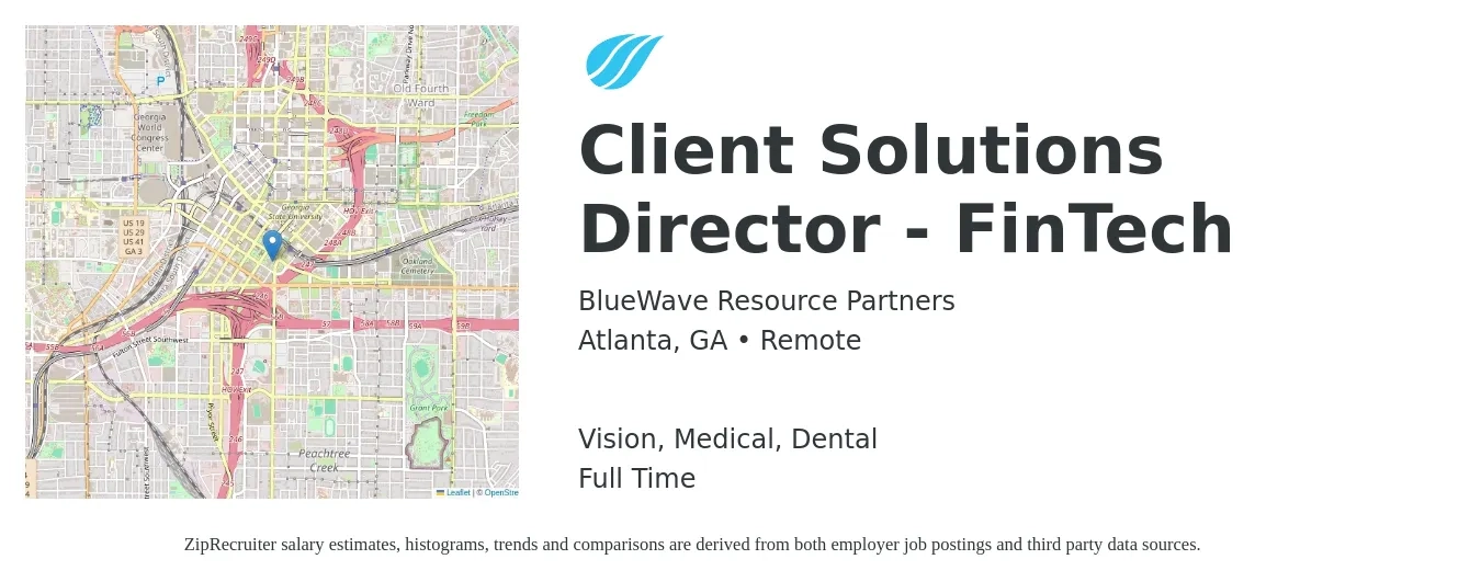 BlueWave Resource Partners job posting for a Client Solutions Director - FinTech in Atlanta, GA with a salary of $67,800 to $145,200 Yearly and benefits including dental, life_insurance, medical, pto, retirement, and vision with a map of Atlanta location.