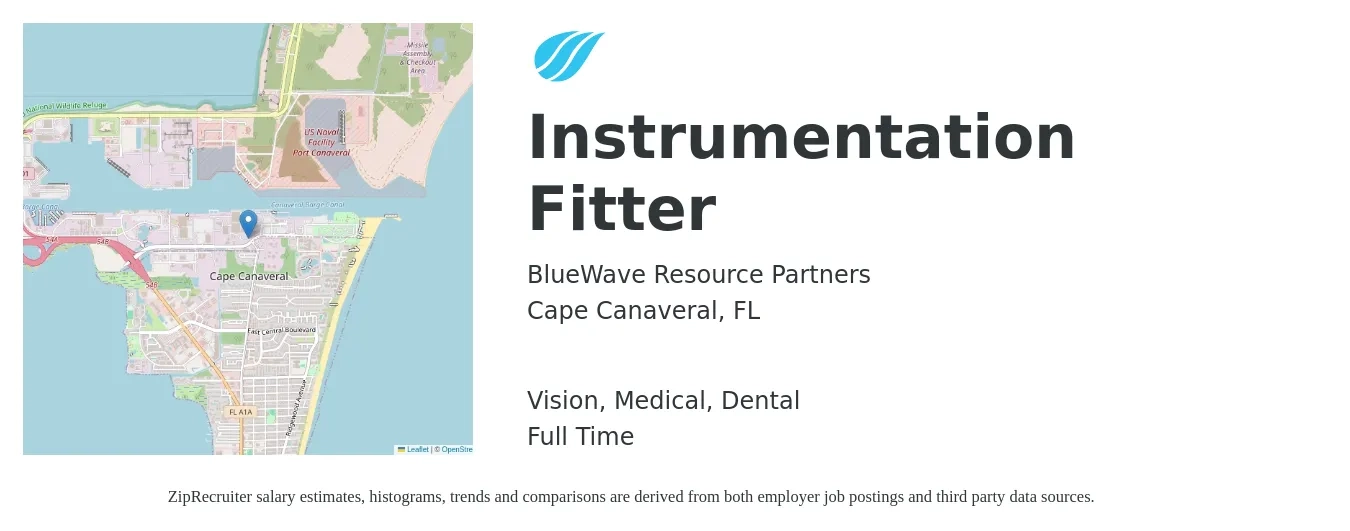 BlueWave Resource Partners job posting for a Instrumentation Fitter in Cape Canaveral, FL with a salary of $18 to $26 Hourly and benefits including retirement, vision, dental, life_insurance, medical, and pto with a map of Cape Canaveral location.