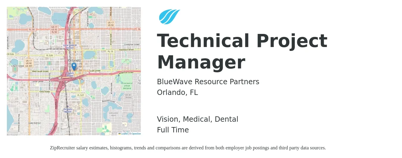BlueWave Resource Partners job posting for a Technical Project Manager in Orlando, FL with a salary of $89,600 to $125,600 Yearly and benefits including dental, life_insurance, medical, pto, retirement, and vision with a map of Orlando location.