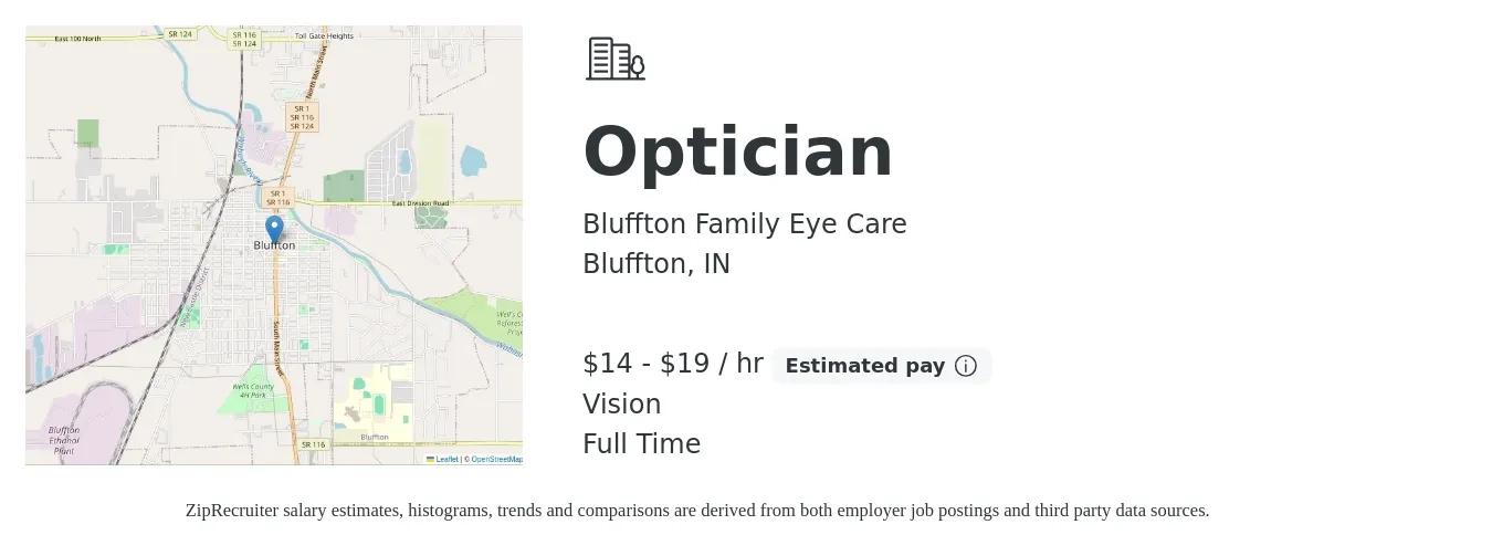 Bluffton Family Eye Care job posting for a Optician in Bluffton, IN with a salary of $15 to $20 Hourly and benefits including retirement, and vision with a map of Bluffton location.