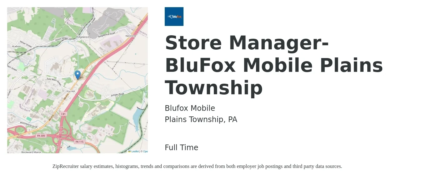 Blufox Mobile job posting for a Store Manager- BluFox Mobile Plains Township in Plains Township, PA with a salary of $65,000 to $85,000 Yearly with a map of Plains Township location.