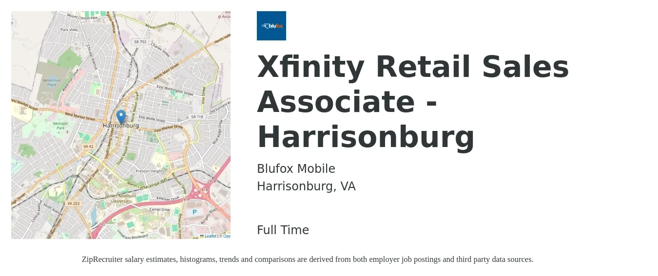 Blufox Mobile job posting for a Xfinity Retail Sales Associate - Harrisonburg in Harrisonburg, VA with a salary of $35,000 to $65,000 Yearly with a map of Harrisonburg location.
