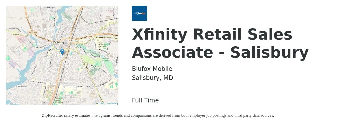 Blufox Mobile job posting for a Xfinity Retail Sales Associate - Salisbury in Salisbury, MD with a salary of $35,000 to $65,000 Yearly with a map of Salisbury location.
