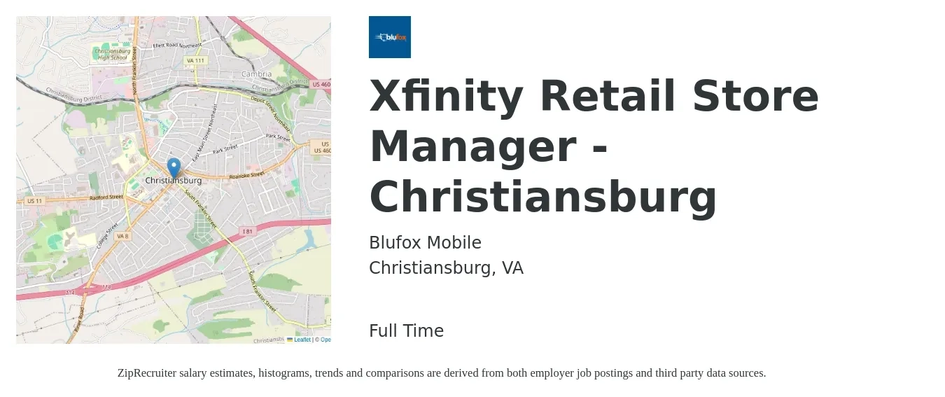 Blufox Mobile job posting for a Xfinity Retail Store Manager - Christiansburg in Christiansburg, VA with a salary of $65,000 to $85,000 Yearly with a map of Christiansburg location.