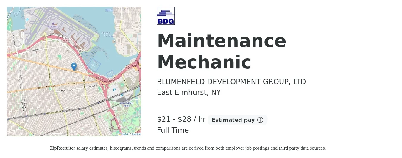 BLUMENFELD DEVELOPMENT GROUP, LTD job posting for a Maintenance Mechanic in East Elmhurst, NY with a salary of $22 to $30 Hourly with a map of East Elmhurst location.