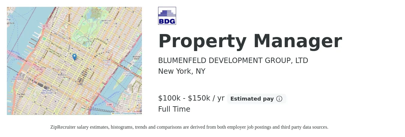 BLUMENFELD DEVELOPMENT GROUP, LTD job posting for a Property Manager in New York, NY with a salary of $100,000 to $130,000 Yearly with a map of New York location.