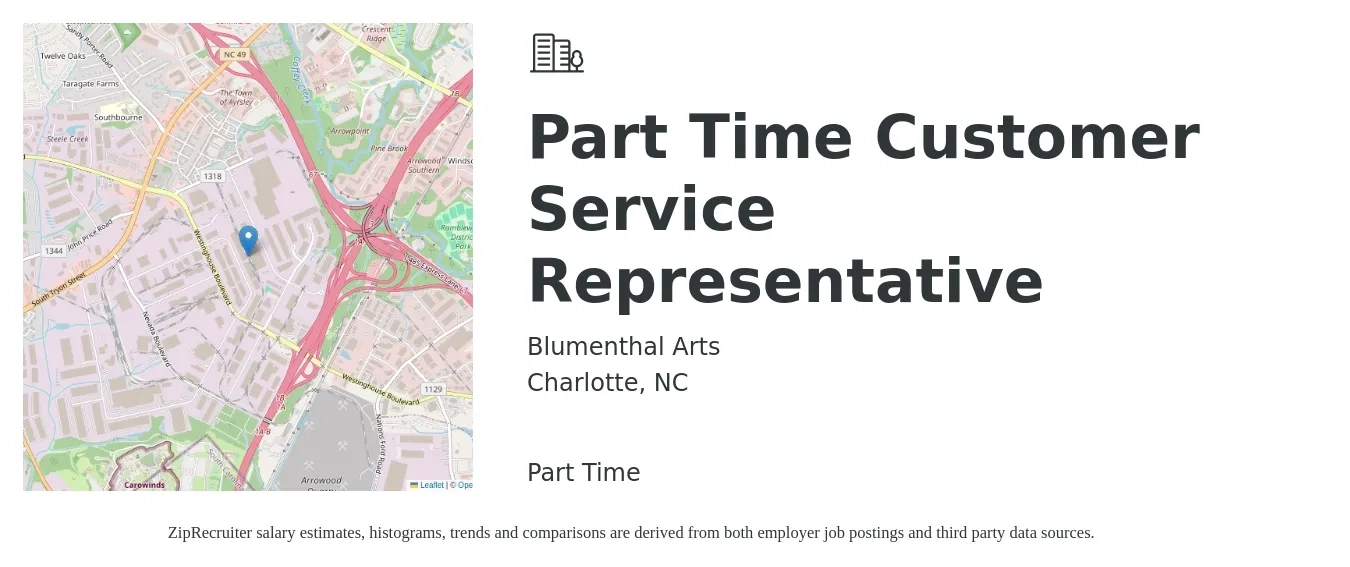 Blumenthal Arts job posting for a Part Time Customer Service Representative in Charlotte, NC with a salary of $16 to $21 Hourly with a map of Charlotte location.
